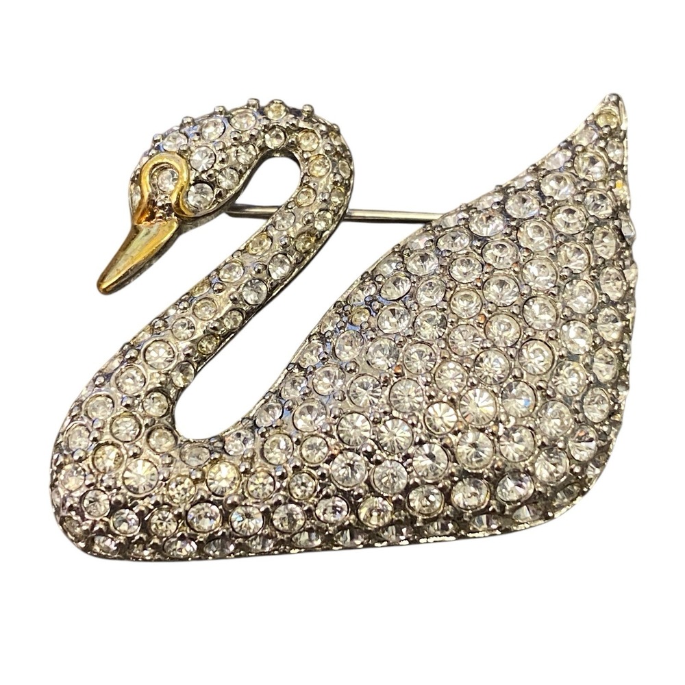 Vtg Old Money Swarovski Swan Brooch Pin‎ Signed Gold Beak Rhinestone Crystal